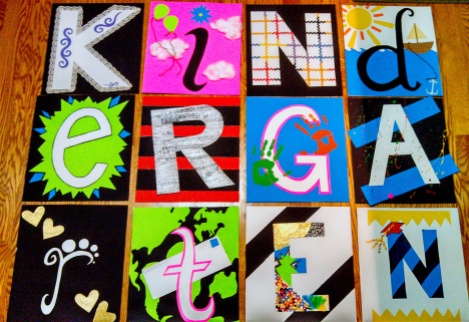 This was done in high school for the kindergarten class at my school. For their graduation they did an acronym of the word "kindergarten" and I tried to make each letter represent the word it stood for.